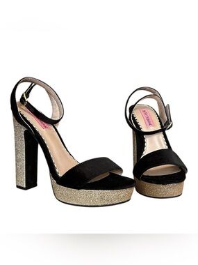 BETSEY JOHNSON Mattie Platform Heels sz 7.5 Black Velvet Gold Glitter Open Toe